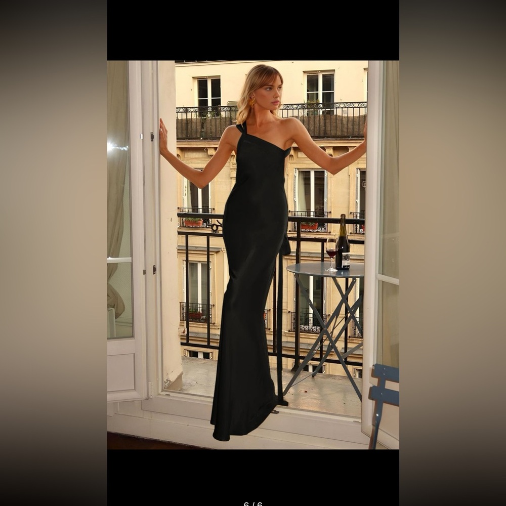 Satin asymmetrical one shoulder black slip dress